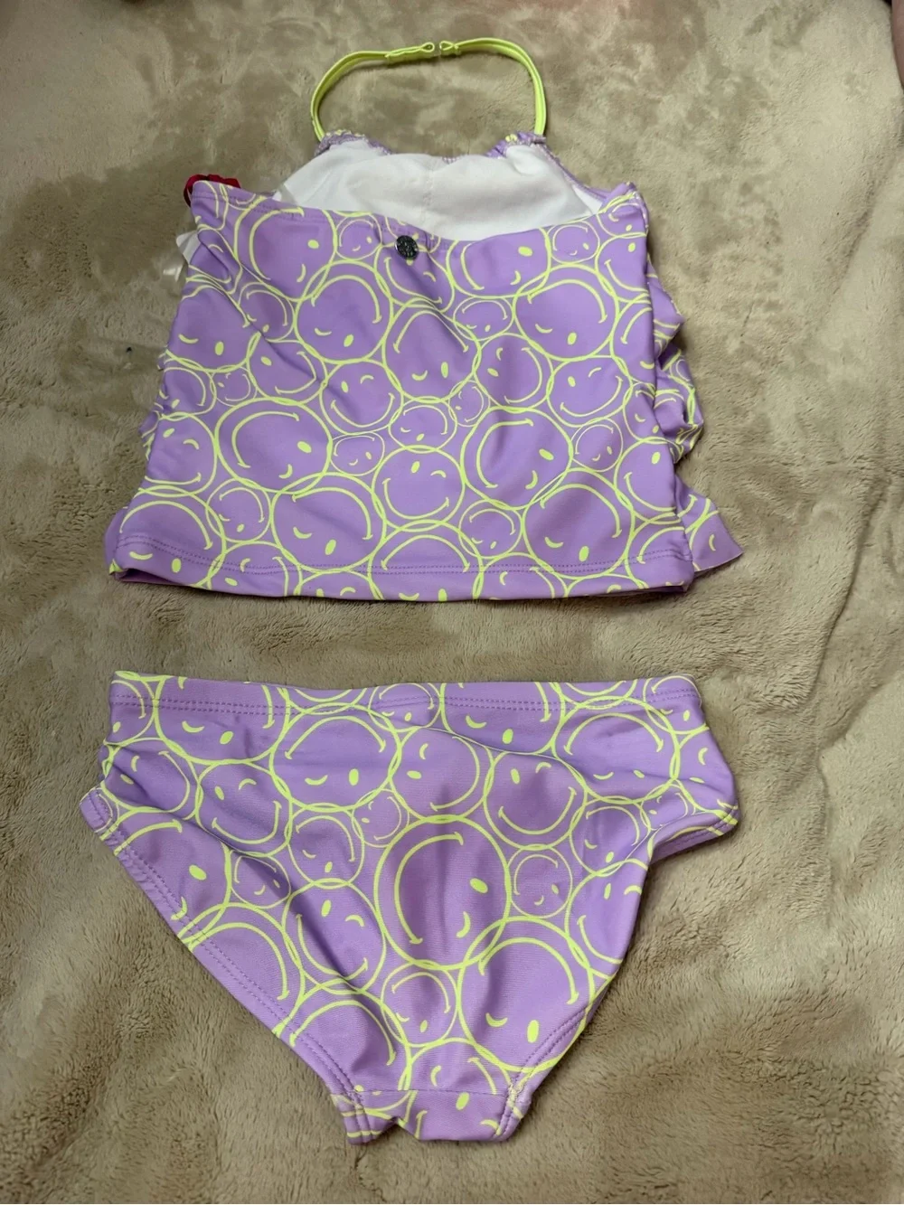 Justice Lavender Layered Ruffle Tankini with Neon green Smiley Print Sz 5/6 NWT